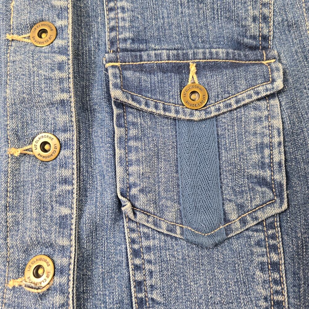 Liz Claiborne Denim Jean Jacket Knit Sleeves Shawl Collar Pocket Cuff Trim sz 14 - Picture 8 of 16